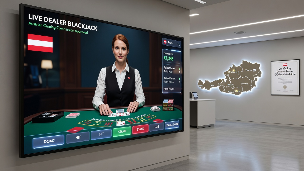 Austrian player interface displaying live dealer blackjack with betting controls and chat window